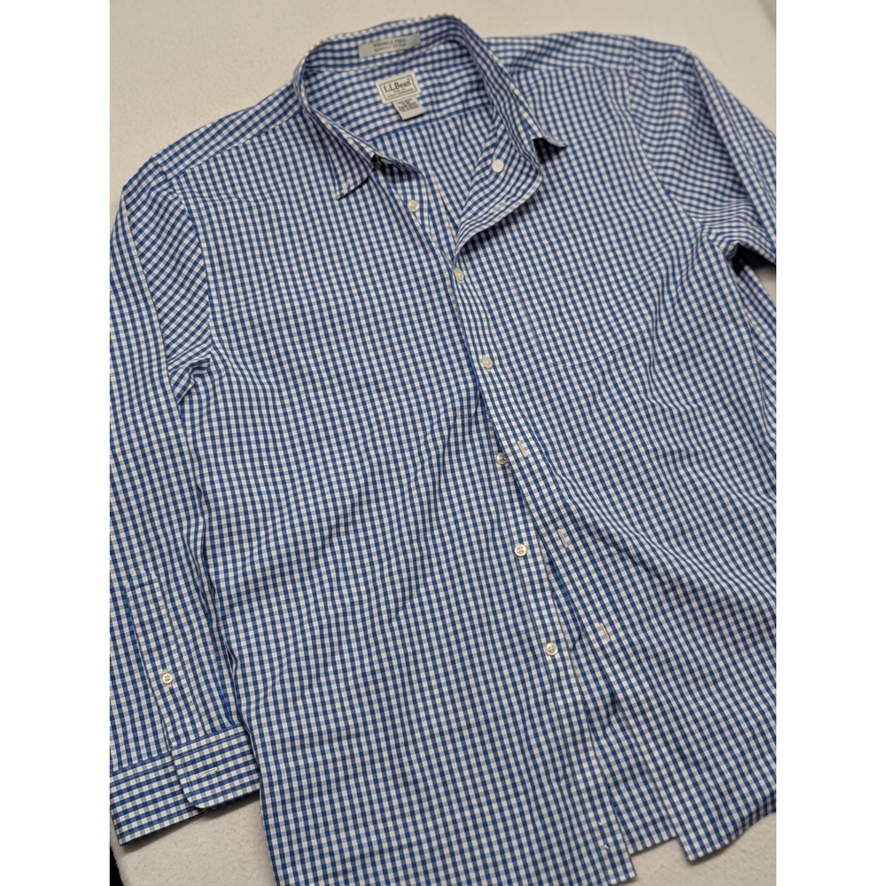 LL Bean Mens 17-34 Wrinkle Free Slightly Fitted Gingham Shirt Blue White 500717